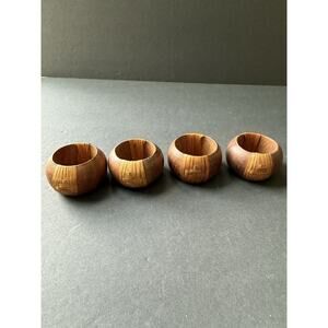 Wood Rattan Napkin Ring Holders Set (4) Boho Coastal